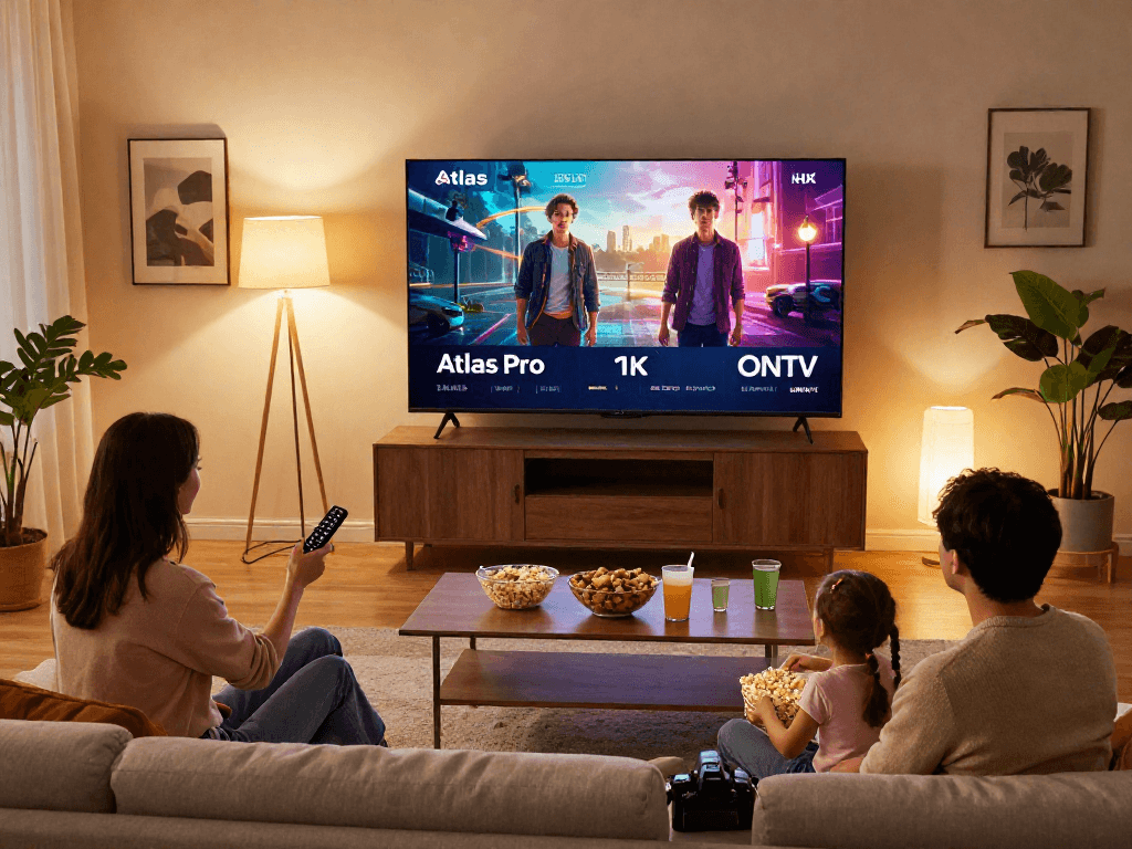 Un moment de famille devant la télévision avec Atlas Pro ONTV, affichant un film en qualité HD.