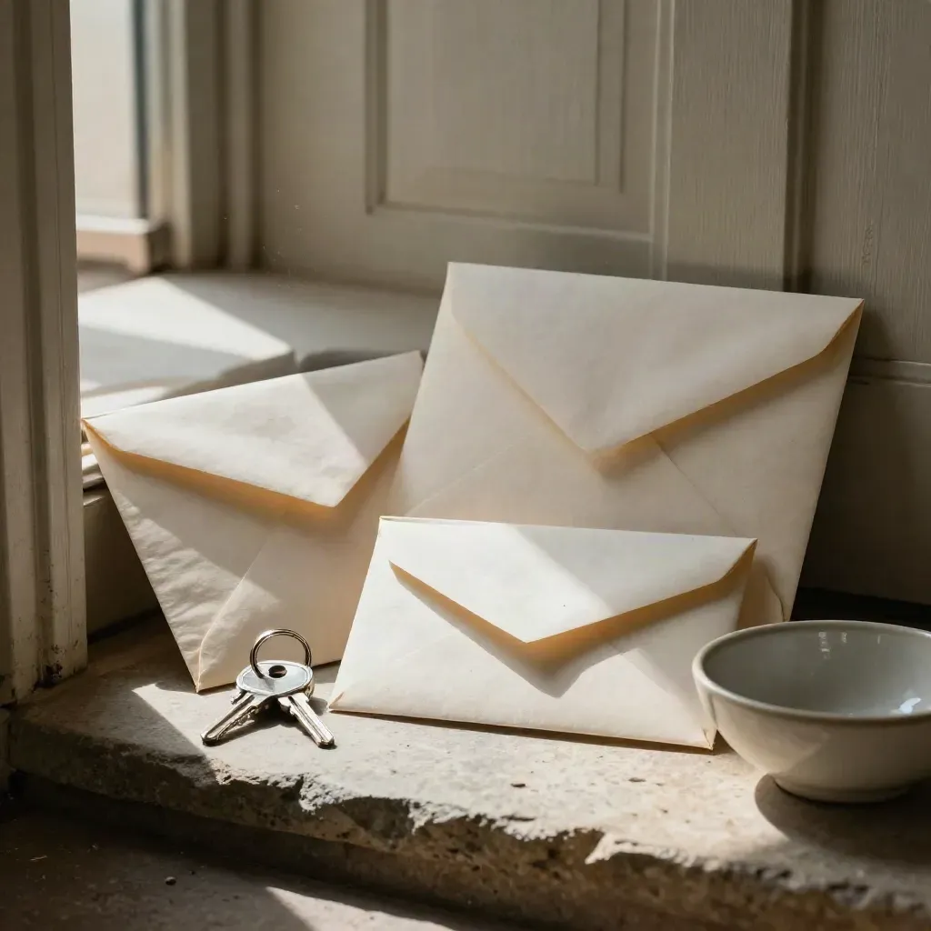 Trois enveloppes ouvertes, des clés d’appartement et un bol en céramique sur un seuil en pierre.