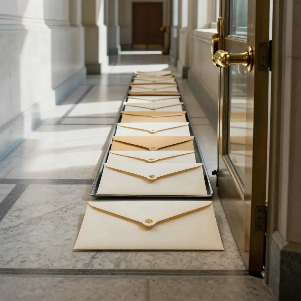 Enveloppes scellées et dossier glissant dans un couloir de tribunal, lumière froide du matin.