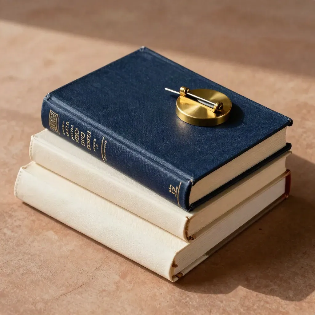 Livres de droit alignés avec un presse-papier en laiton sur fond clair.