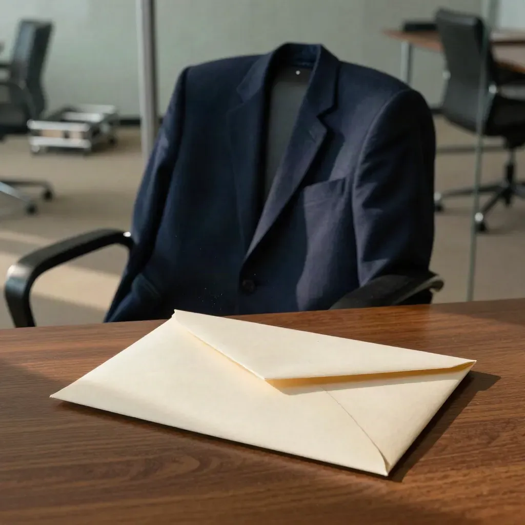 Enveloppe scellée sur bureau, chaise vide et veste marine drapée, lumière de fin d’après-midi.