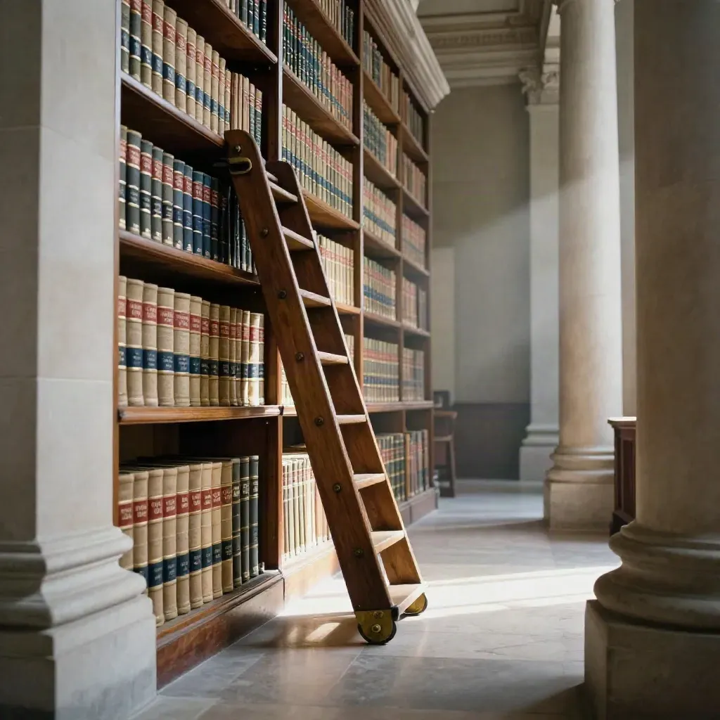 Couloir de bibliothèque judiciaire avec grands codes, colonnes de pierre et échelle en lumière dorée.
