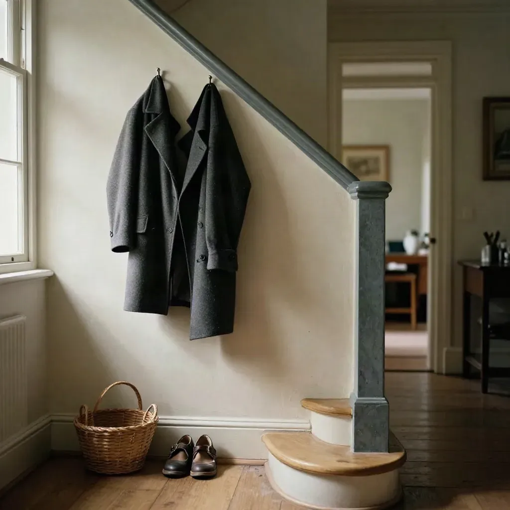 Palier d’escalier avec deux manteaux, chaussures d’enfant et panier tressé, lumière douce.