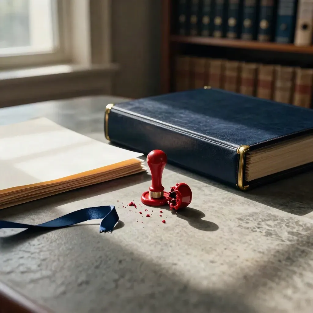 Sceau de cire brisé, dossier noué et chemises de classement sur une table de pierre, lumière chaude.