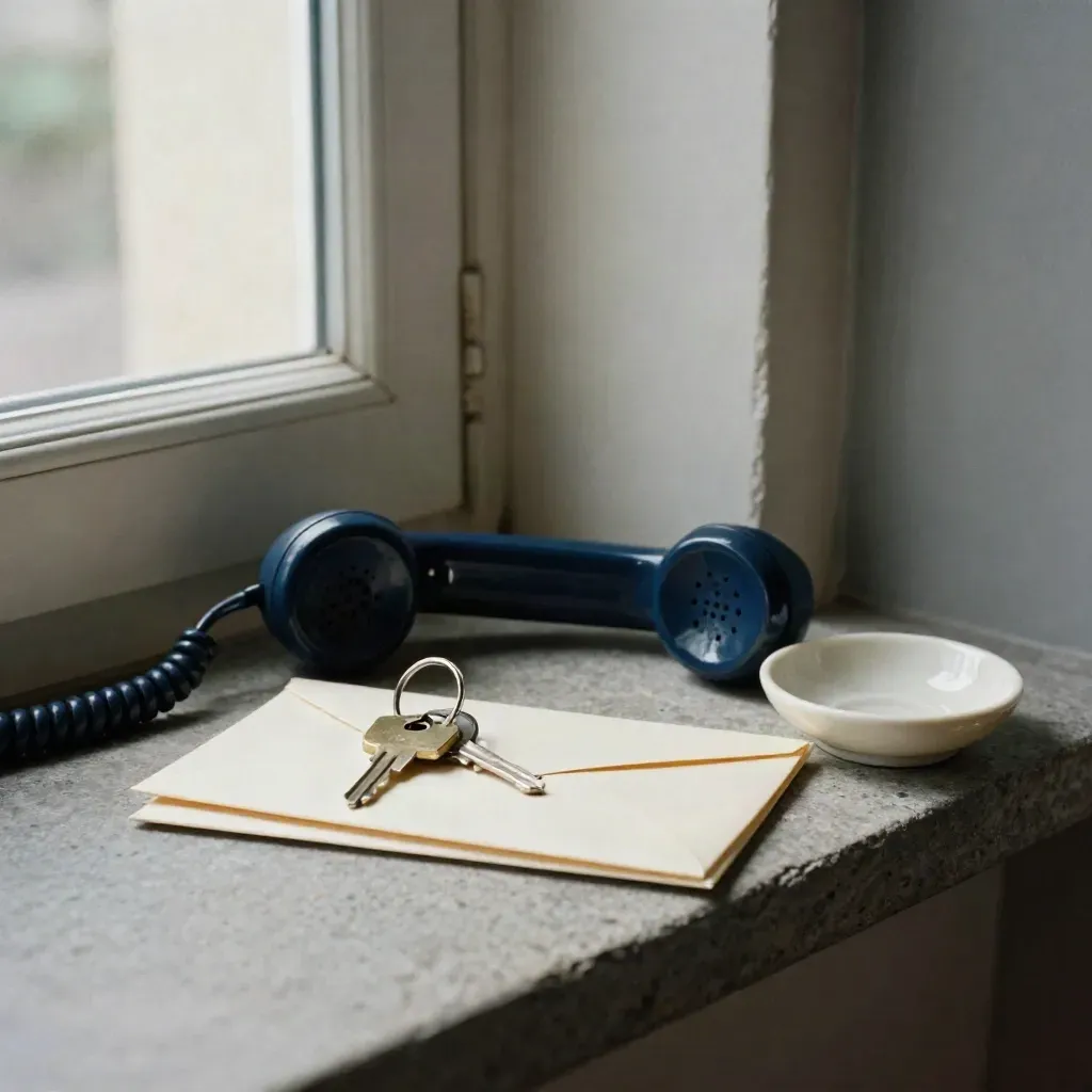 Interphone d’entrée, enveloppes scellées et trousseau de clés sur une tablette en pierre.